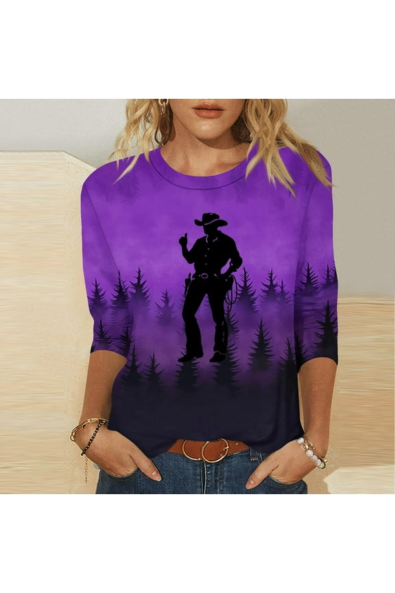 Casual Plus Size Womens Tops Crewneck Purple Western Blouse Graphic 3/4 Sleeve 2025 Womens Fall Clothing,XXXL