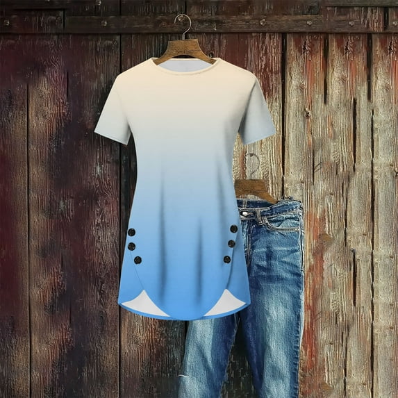Fznquz Casual Short Sleeve Tops for Women 2025 Summer Tops Blue Crewneck Gradient Womens Blouses