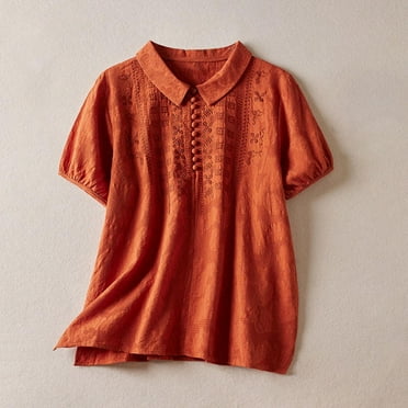 Fznquz Casual Summer Tops for Women 2024 Short Sleeve Orange Tunic Shirts Button up Henley Cotton Linen Ladies Blouses