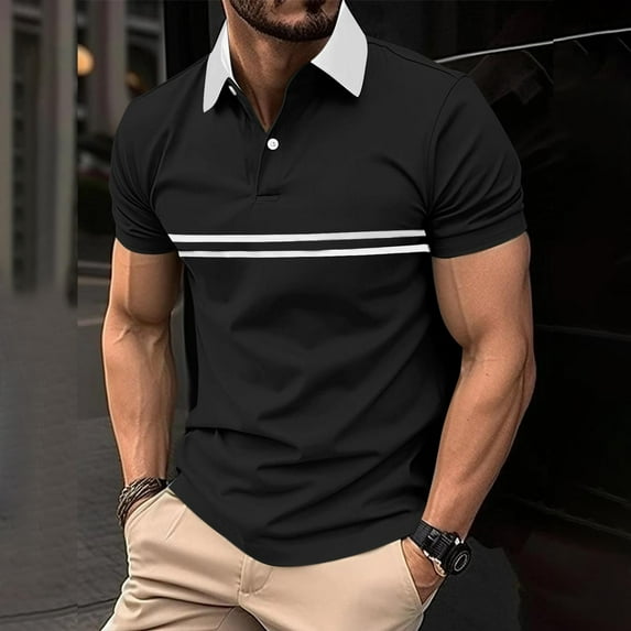 Fznquz Casual T Shirts for Men Polo Black Collar T-Shirt Short Sleeve Button Summer Men's Shirts XXXL