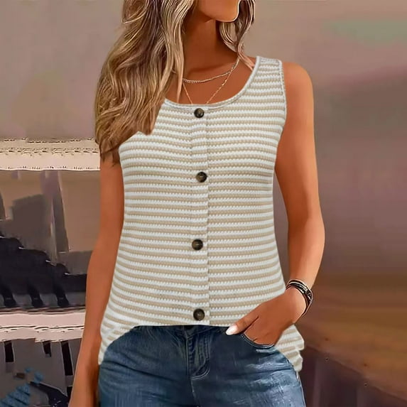 Fznquz Casual Tanks for Women 2025 Striped Summer Tops Yellow Button Down Crew Neck Sleeveless Shirt