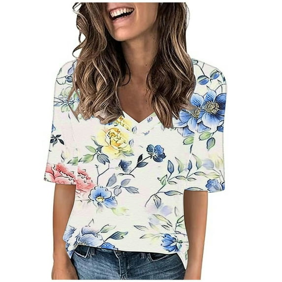Fznquz Casual Tops for Women 2024 Tunic Elbow Length Blue T Shirts for Women Floral V Neck Summer Blouse for Women