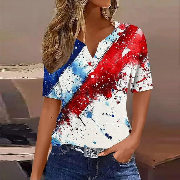 Fznquz Casual Tops for Women 4th of July Short Sleeve Tees Red V Neck Patriotic Button Shirts