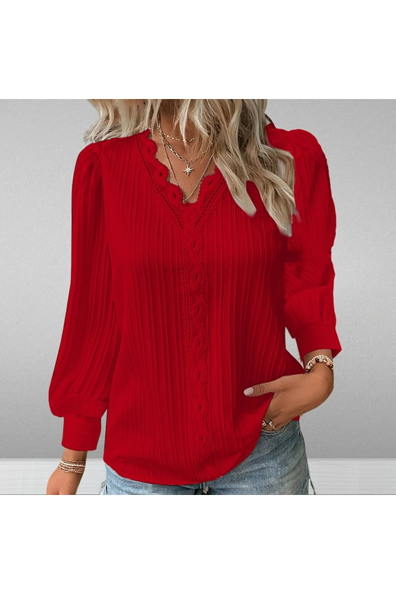 Casual Tops for Women Long Sleeve Red Shirts Formal V Neck Dressy Blouses for Women