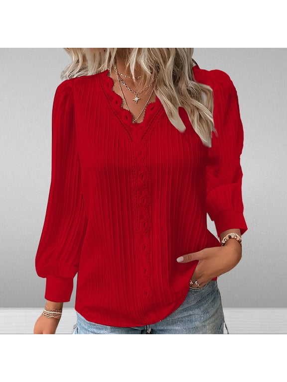 Casual Tops for Women Long Sleeve Red Shirts Formal V Neck Dressy Blouses for Women