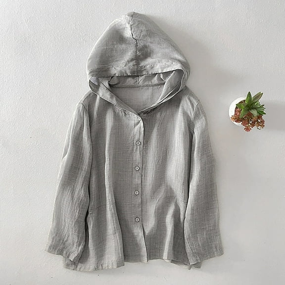 Fznquz Casual Trendy Tops for Women 2025 Button Up Fall Winter Shirt Cotton Linen Gray Plain Womens Tshirt