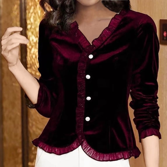 Fznquz Casual White Blouses for Women Dressy Velvet Long Sleeve Shirt Button Night Out Red Fall Peplum Womens Shirts