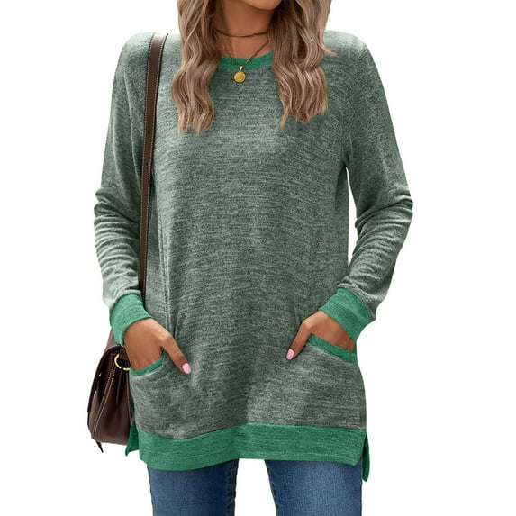 Fznquz Casual Women’S Blouses Crewneck Green Long Sleeve Shirt Fall Pockets Loose Fit Tees for Women
