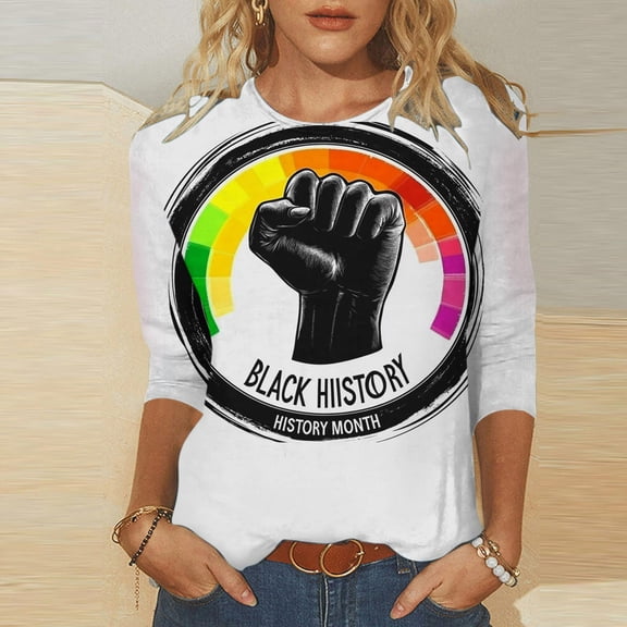Fznquz Casual Women Tee Shirts White Crewneck 3/4 Length Sleeve T Shirt Trendy Graphic Black History Women's Fashion,M