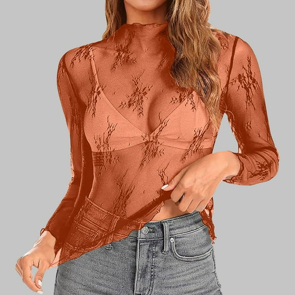 Fznquz Casual Women's Blouse Lace Long Sleeve Brown Top Mock Neck Party Club Night Mesh Womens Fashion L