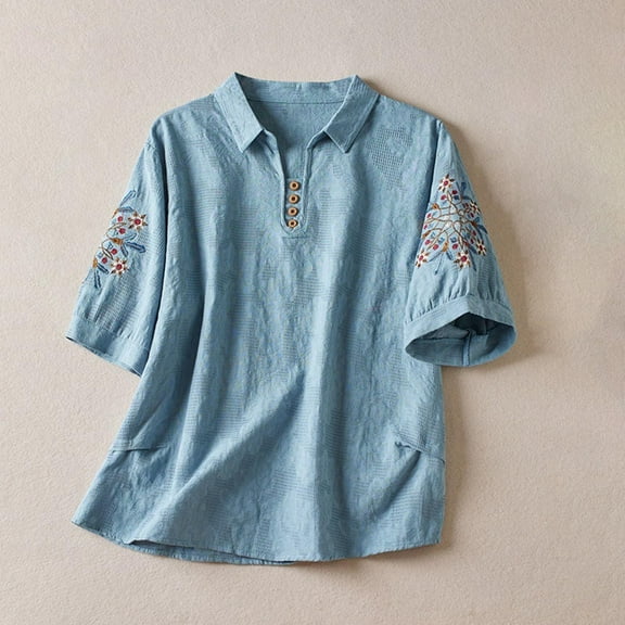 Fznquz Casual Women's Summer Tops Blue Short Sleeve Tunic Shirt Cotton Linen Button up Henley Blouses for Women 2024