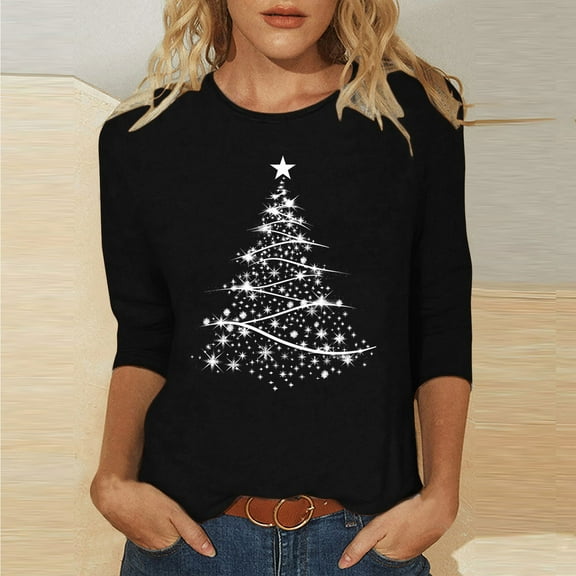Fznquz Casual Women's Tee Shirts Black 3/4 Sleeve Winter Tees Trendy Christmas 2025 Womens Clothes,L