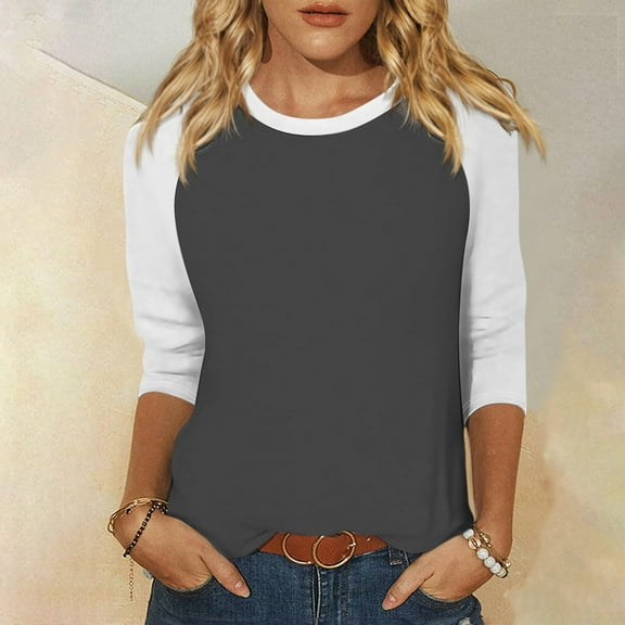 Fznquz Casual Women's Tops Gray Color Block Crew Neck Tops 3/4 Sleeve Raglan Fall Winter Clothes,XXXL