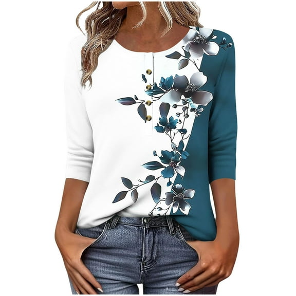 Fznquz Casual Womens 3/4 Sleeve Tops Blue Crew Neck Tees Floral Trendy Loose Fit Button Women's Fashion,XXL