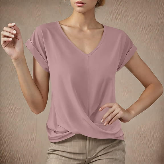 Fznquz Casual Womens T Shirts Pink Basic Summer T-Shirt V Neck Loose Fit Short Sleeve Womens Blouse