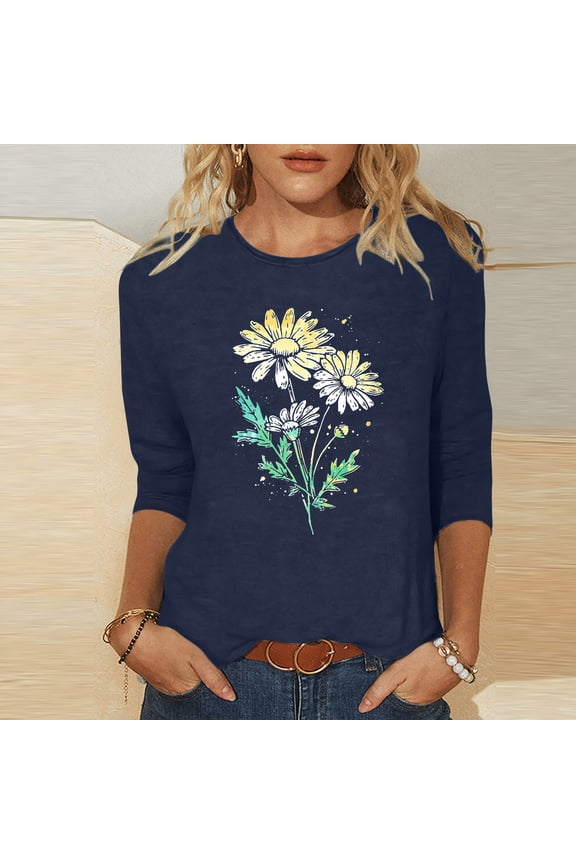 Casual Womens Tops Under $10 Fashion 3/4 Sleeve Blue T Shirt Crew Neck Summer Fall Summer Blouse for Women