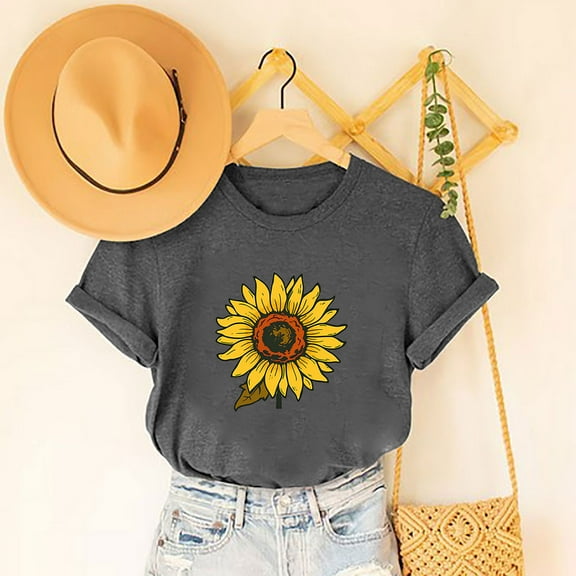 Fznquz Casual Womens Tops Plus Size Gray Short Sleeve Shirts Summer Sunflower Crew Neck Blouses for Women $5