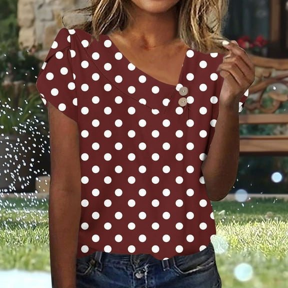 Fznquz Casual Womens Tops Summer 2025 Tops Short Sleeve Polka Dot Print Red Crewneck Womens Tshirts