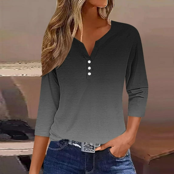 Fznquz Casual Womens Tshirt Long Sleeve Black V Neck T Shirts Button Spring Summer Gradient Womens Tops XXXL
