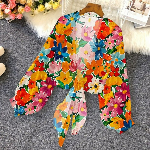 Fznquz Chiffon Womens Cardigan Cover Up Shrugs Cardigan Graphic Tie Front Bolero Womens Fashion