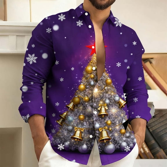 Fznquz Christmas Big and Tall Button Up Shirt Men Collared Purple Long Sleeve Shirts Xmas Print Mens Clothes