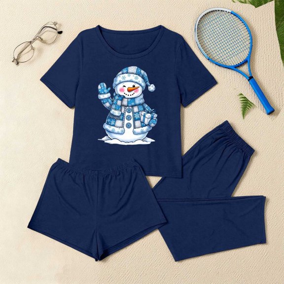 Fznquz Christmas Loungewear Sets Winter Soft 3 Piece Pjs Tops and Shorts Pants Casual Short Sleeve Matching Pj Set Women