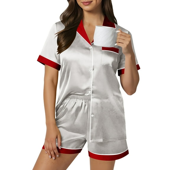 Fznquz Christmas Matching Pajamas for Family 2 Piece Satin Button Down Loungewear Xmas Short Sleeve Pj