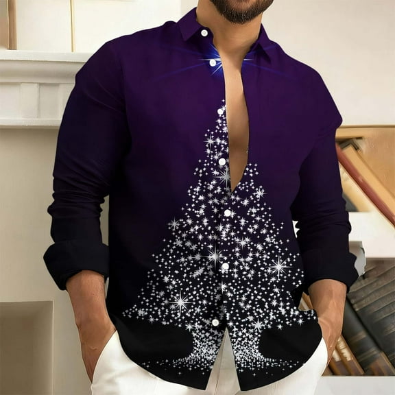 Fznquz Christmas Mens Button Up Shirts Collared Long Sleeve Purple Shirts Winter Trendy Xmas Print Men Fashion