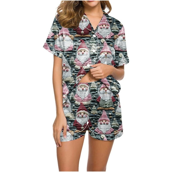 Fznquz Christmas Pajamas for Women Button Up 2 Piece Satin Pjs Short Sleeve Soft Xmas Lounge Set