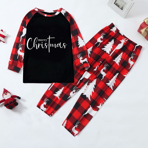 Fznquz Christmas Pjs for Family Matching Sleepwear Holiday Tops and Plaid Pants Soft Pjs