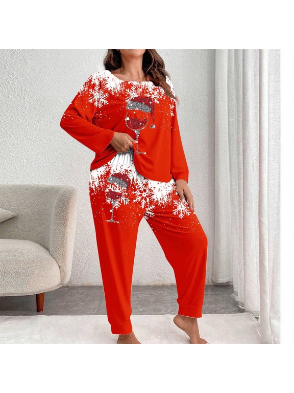 Christmas Women Pajamas 2 Piece Oversized 2025 Lounge Long Sleeve Shirt Pants 2026 Loose Lounge Sets