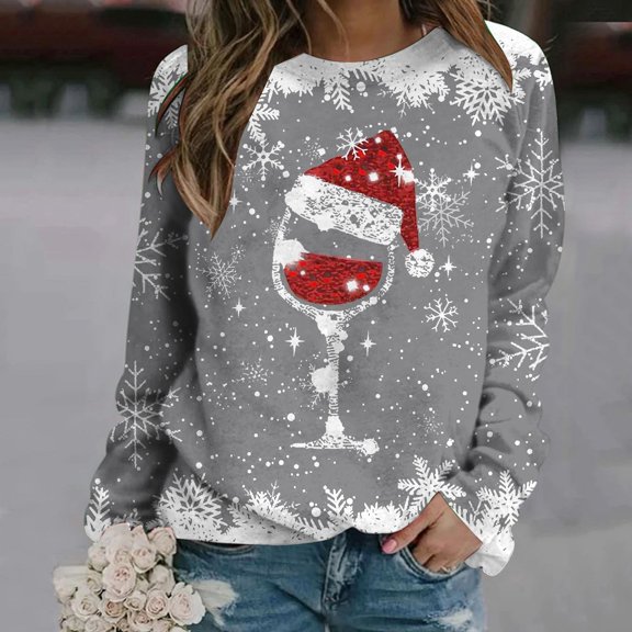 Fznquz Christmas Women's Blouse Gray Fashion Long Sleeve Shirts Graphic Casual Winter Womens Shirts Trendy