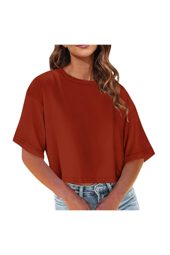 Women's Tops Casual Red Basic Elbow Length Shirts Crop Crew Neck Solid Blouse for Women
