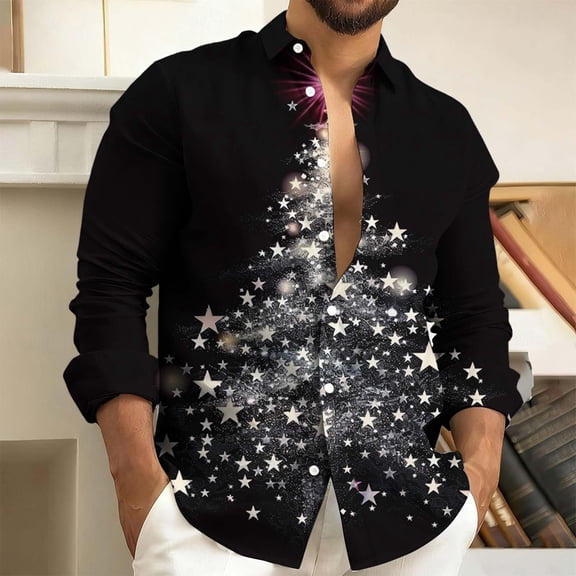 Fznquz Collared Mens Button Up Shirt Long Sleeve Christmas Black Shirt Trendy Xmas Print Winter Men's Fashion