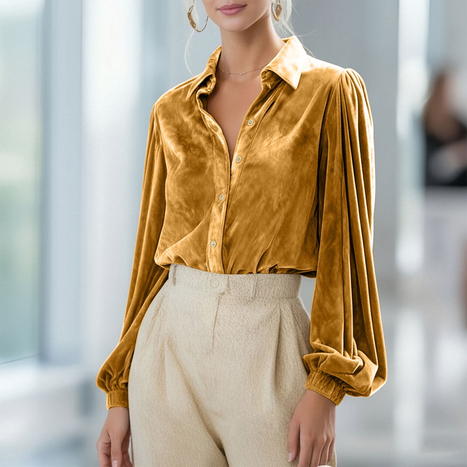 Fznquz Collared Womens Tops Trendy Velvet Business Button Down Gold ...