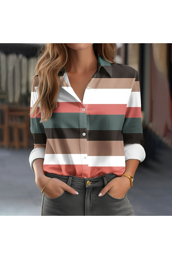 Color Block Plus Size Tops for Women Black Oversized Button Down Shirts Casual Fall Striped Women's T-Shirts