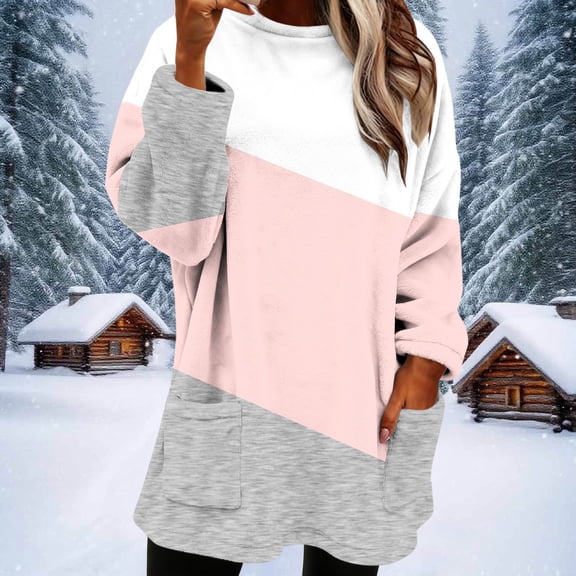 Fznquz Color Block Plus Size Tops for Women Flannel Pink Shirt Warm Fuzzy Winter Fashion,L
