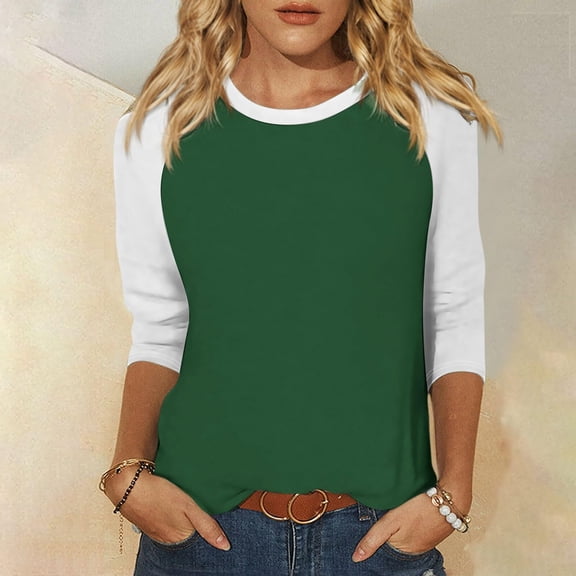 Fznquz Color Block Women's Tops Casual Green Crew Neck Tees 3/4 Sleeve Raglan Fall Tops,XXXL