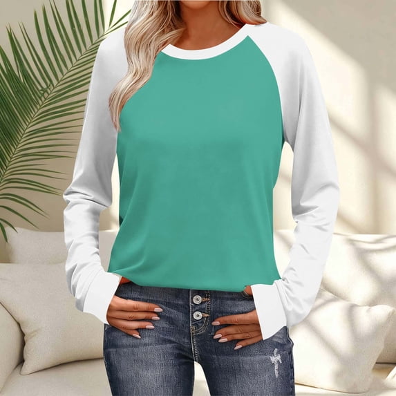 Fznquz Color Block Womens Top Dressy Casual Orange Long Sleeve Tees Spring Crewneck 2026 Shirts Women,XXL