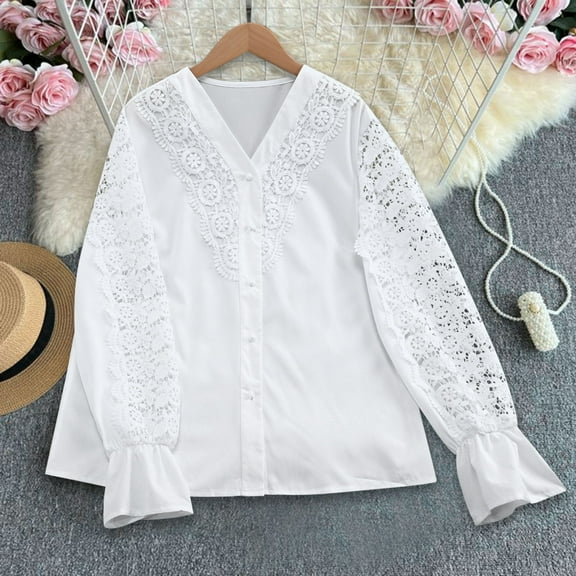 Fznquz Cotton Blouses for Women Dressy Casual Lace White Shirts Fall Round Neck Trendy Plain Womens Shirt