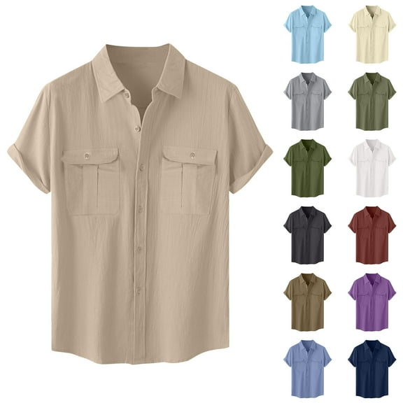 Fznquz Cotton Linen Big and Tall Shirts for Men Short Sleeve Plain Shirt Vintage Soft Big and Tall Mens Clothes