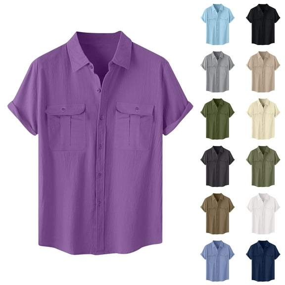 Fznquz Cotton Linen Mens Button Up Shirt Big and Tall Plain Short Sleeve Purple Button down Shirt Vintage Soft Mens Clothes