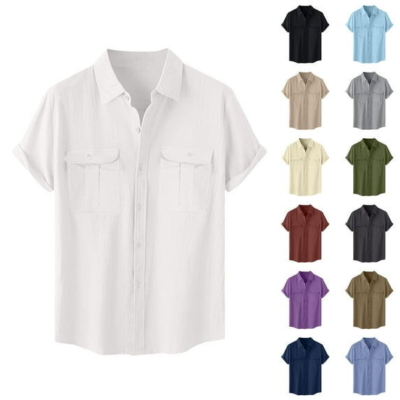 Fznquz Cotton Linen Mens Button Up Shirt Plain Short Sleeve Button down Shirt Casual Soft Vintage Mens Clothes