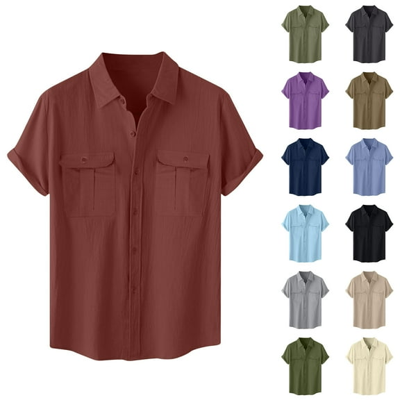 Fznquz Cotton Linen Mens Button Up Shirt Short Sleeve Red Plain Button down Shirt Soft Vintage Casual Men Fashion