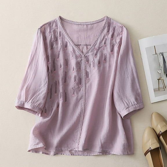Fznquz Cotton Linen Women Tops on Sale under $10 Short Sleeve Summer Shirt V Neck Soft Purple Casual Womens Blouses
