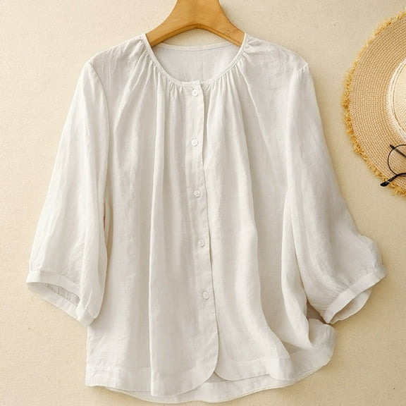 Fznquz Cotton Linen Womens Tops Trendy 3/4 Sleeve Button Down Shirt Plain Spring Summer Beige Casual Womens Blouses