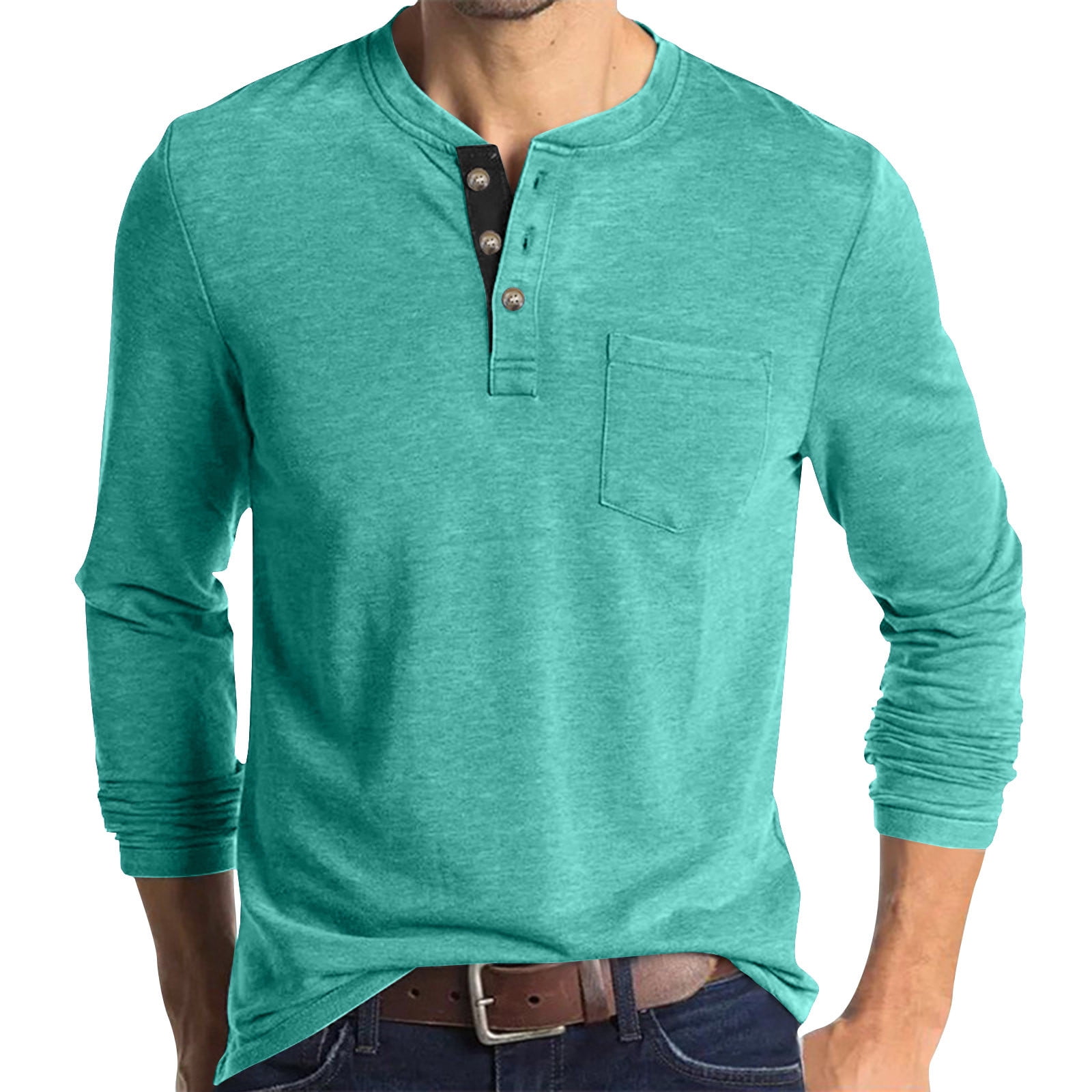 Fznquz Cotton Men T Shirts Long Sleeve Henley Blue T Shirt Soft Plain ...