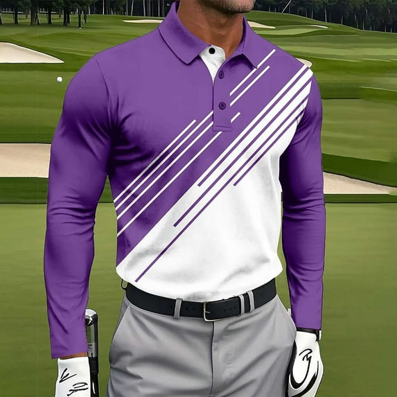 Fznquz Cotton Mens Polo Long Sleeve Collared Golf Purple Shirts Regular Fit Pullover Casual Mens Clothes Trendy