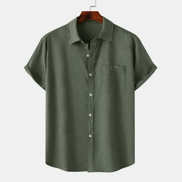 Fznquz Cotton Mens T Shirts Hawaiian Green Collared Short Sleeve Button Down Shirt M