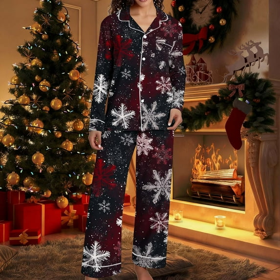Fznquz Cozy Womens Pajamas Button Down Christmas Cute Outfits 2 Piece Xmas Print Long Sleeve 2025 Pjama Set Womens